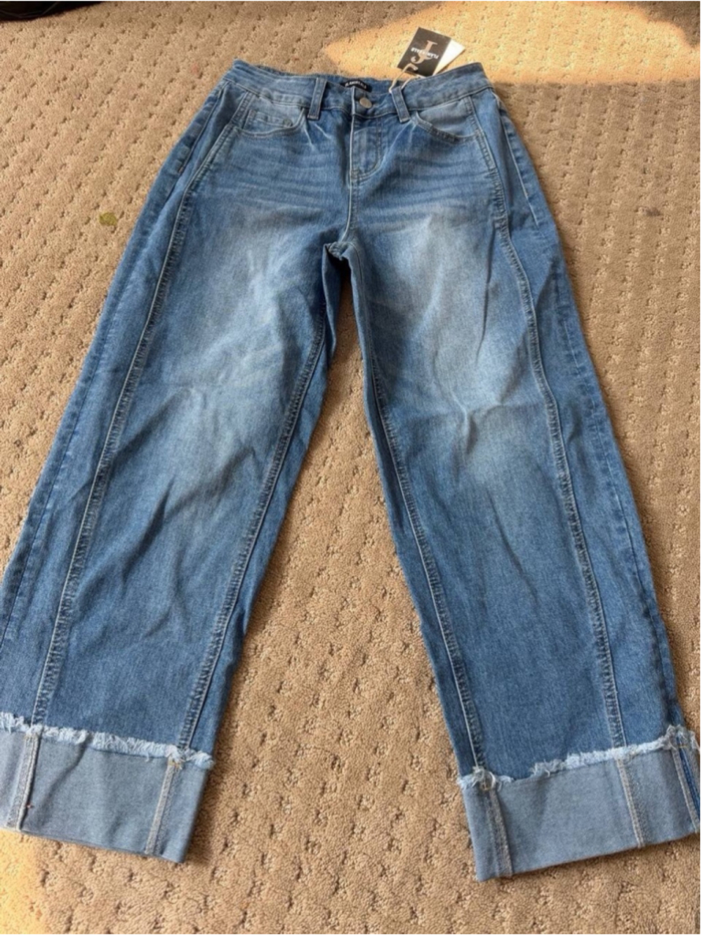 Flamingals Wash Seam Front Roll Raw Hem Mid Rise Straight Leg Jeans M - Picture 2 of 6